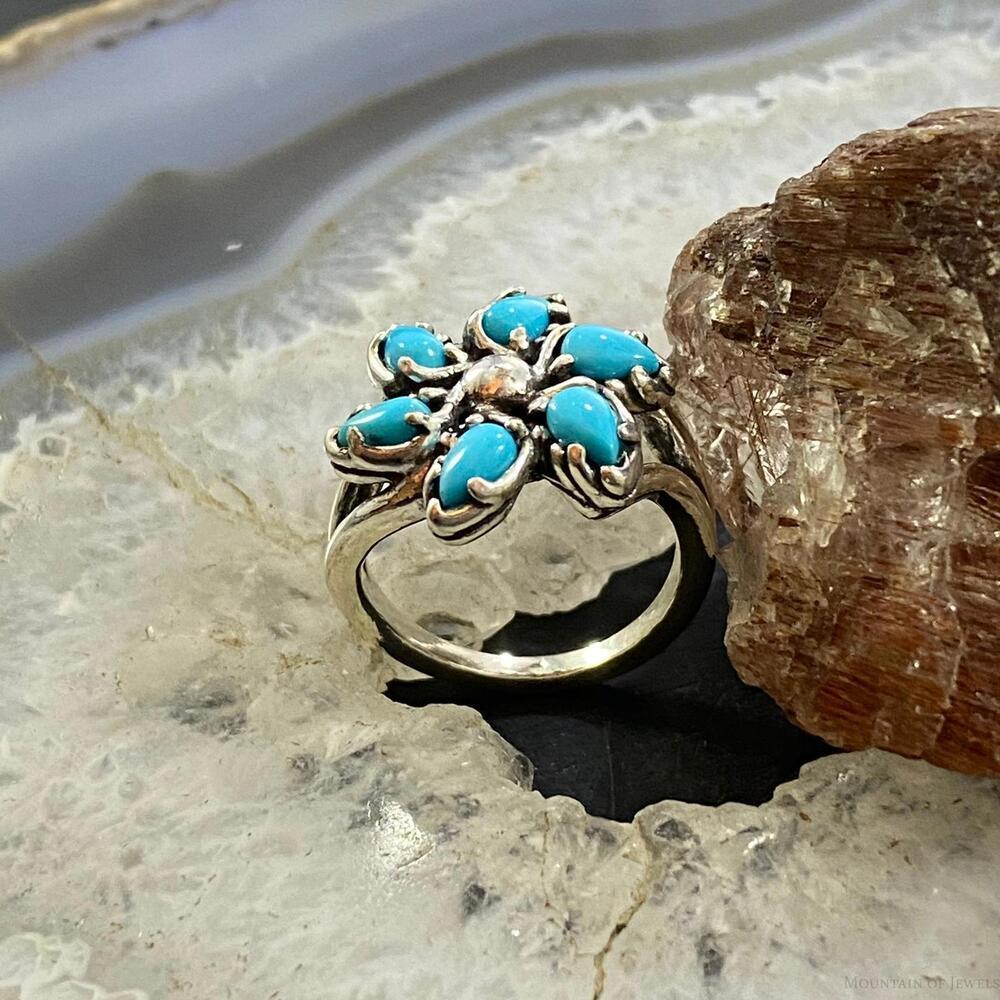 Carolyn Pollack Vintage Sterling Sleeping Beauty Turquoise Flower Cluster Ring - Picture 5 of 10